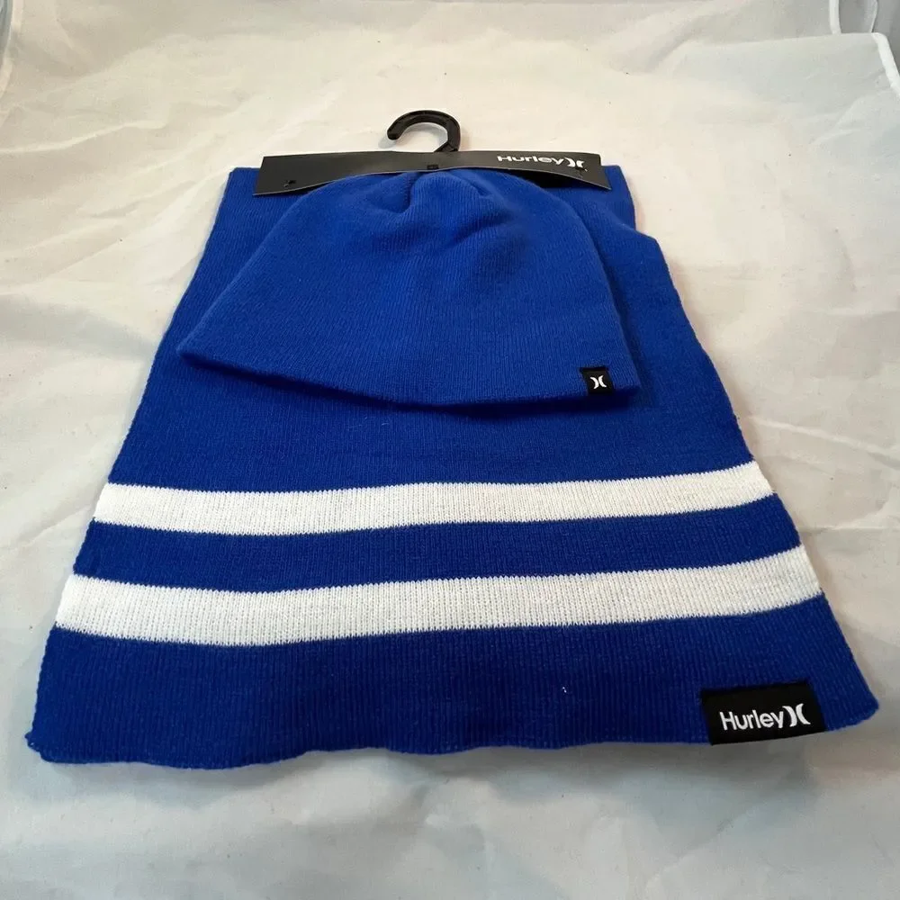 Hurley Hat & Scarf Set Blue White Stripes Beanie Unisex Casual